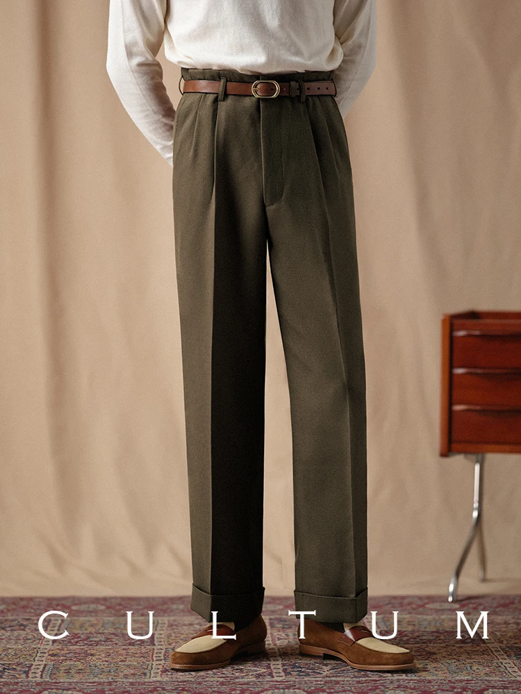 

Cultum Thiened 500g High Waist Straight Leg Pants Men's Premium Twill Double Pleat Busin Casual Trousers