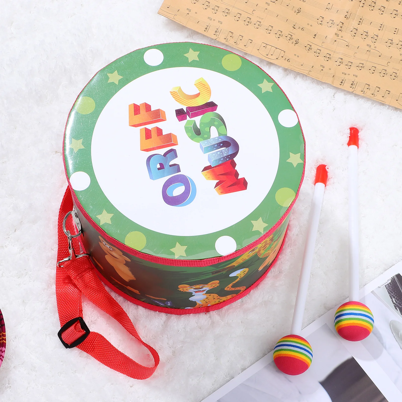 Kleinkind-Trommel, bunt, doppelseitig, Cartoon-Design, Riemen, praktisches hängendes pädagogisches Musikinstrument für Kinder