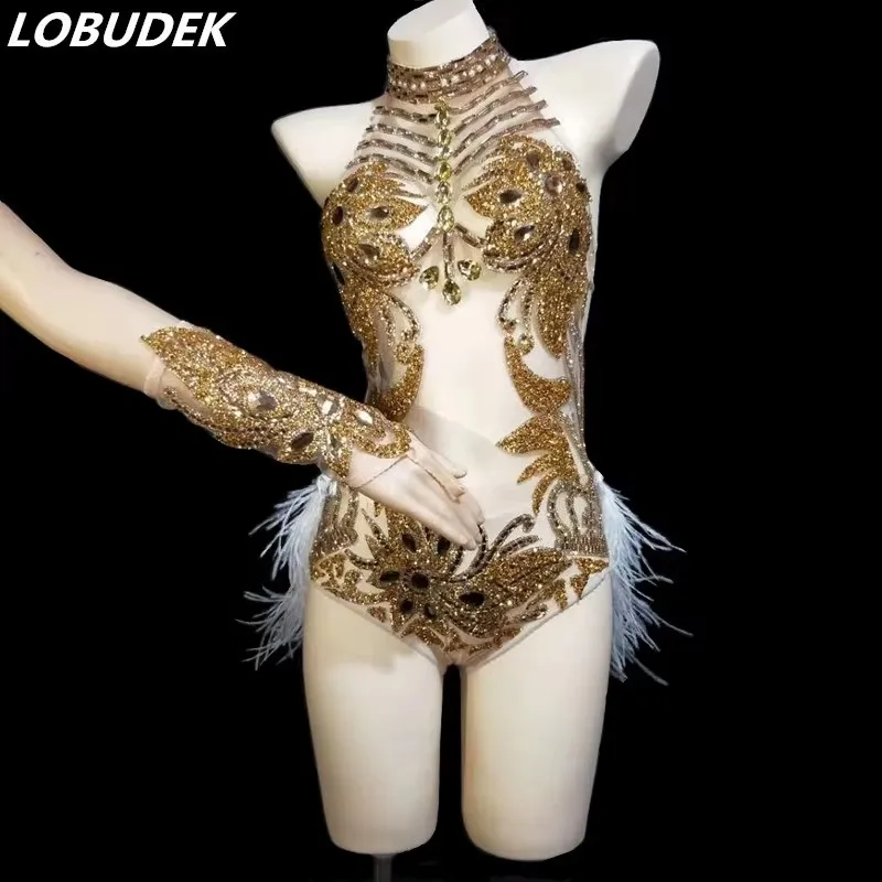 여성 섹시 고고 댄스 의상 금색 라인스톤 깃털 바디수트 장갑 클럽 파티 페스티벌 레이브 의상 나이트클럽 바