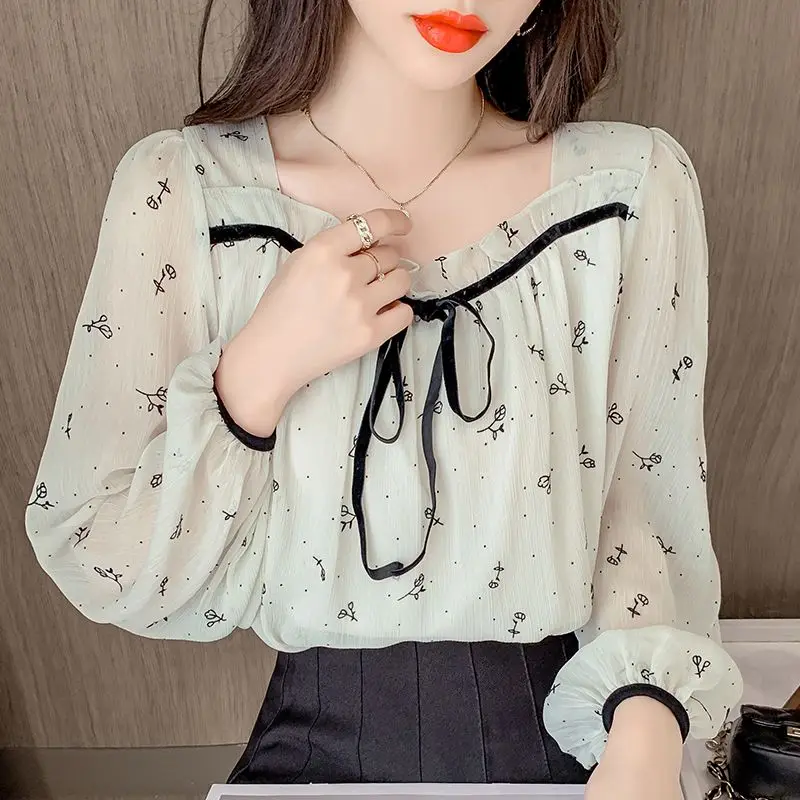 Blouses Women Summer Floral Printed Bow Ruffles Loose Casual Tops Elegant Temper All-match Aesthetic Sweet Square Collar Mujer