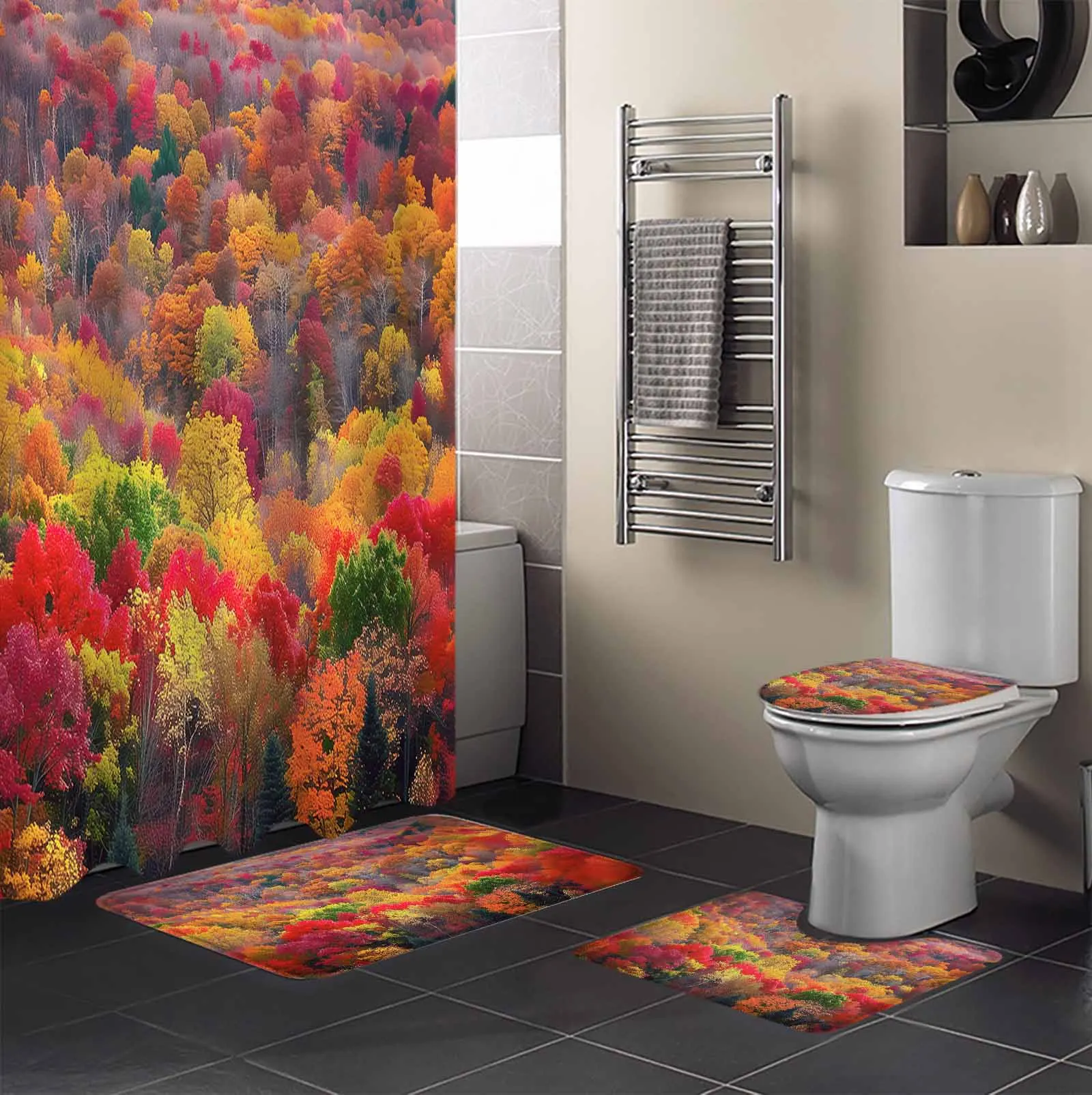 Autumn Forest Fallen Leaves Shower Curtain Set Non-Slip Rugs Bath Mat Toilet Lid Cover Waterproof Bathroom Curtain