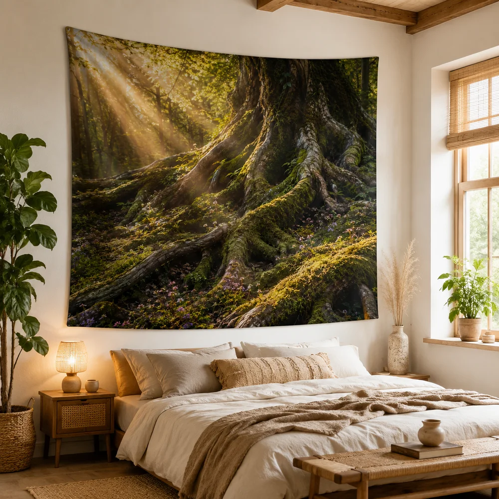 Nature Woodland Stream Tapestry, Clear River Green Forest Wall Hanging for Home Decor