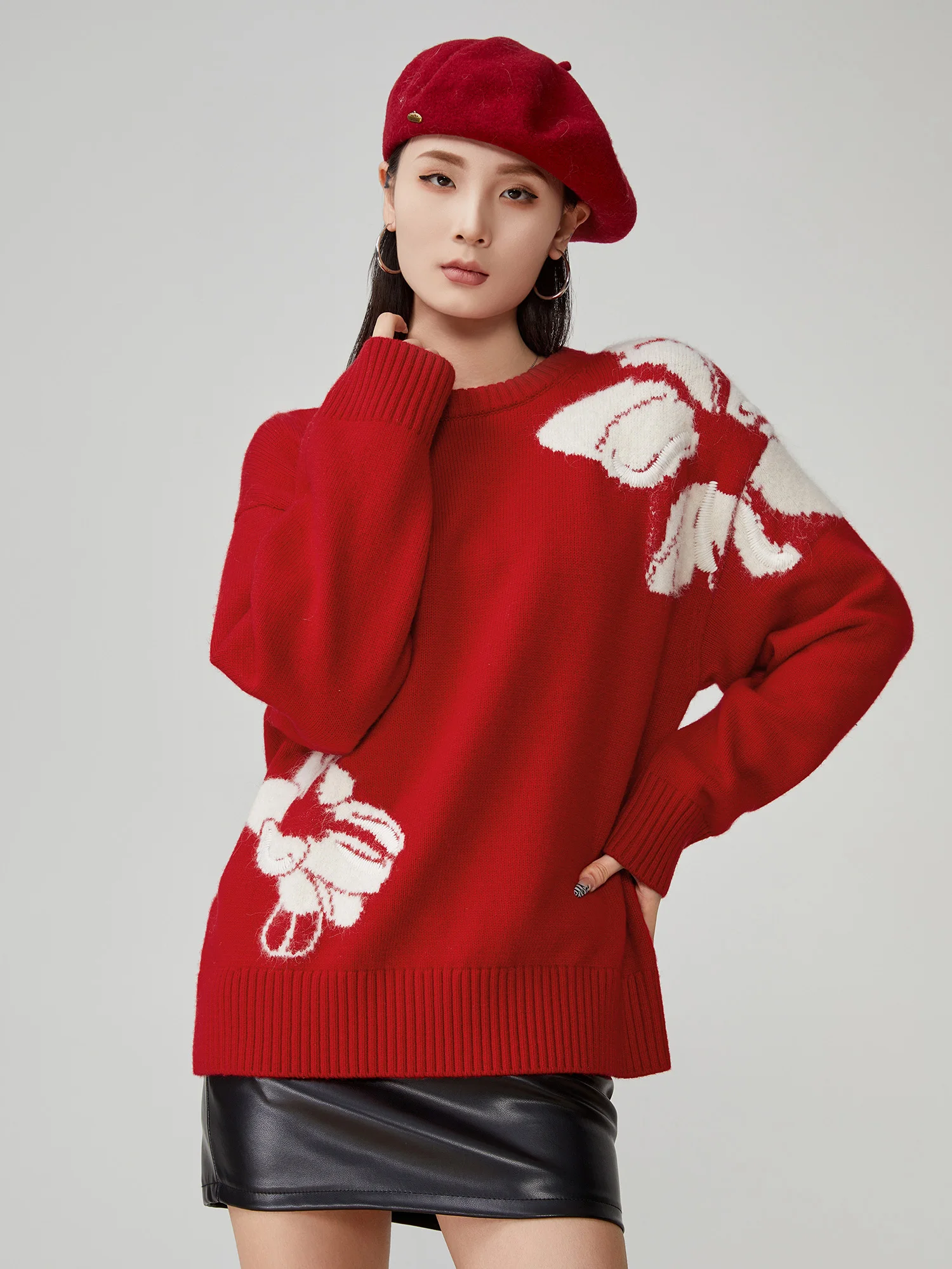 

Red Embroidered round Ne Knitted Sweater Loose Women's Sle Spring New Korean Version Faionable Outerwear Comfortable Fit