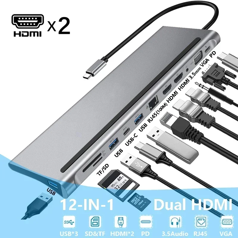 12IN1 USB Multi-hub Docking Station Type C HUB HDMI VGA USB PD LAN RJ45 SD Hub Adapter for Macbook Mac Mini Laptop Thunderbolt 3