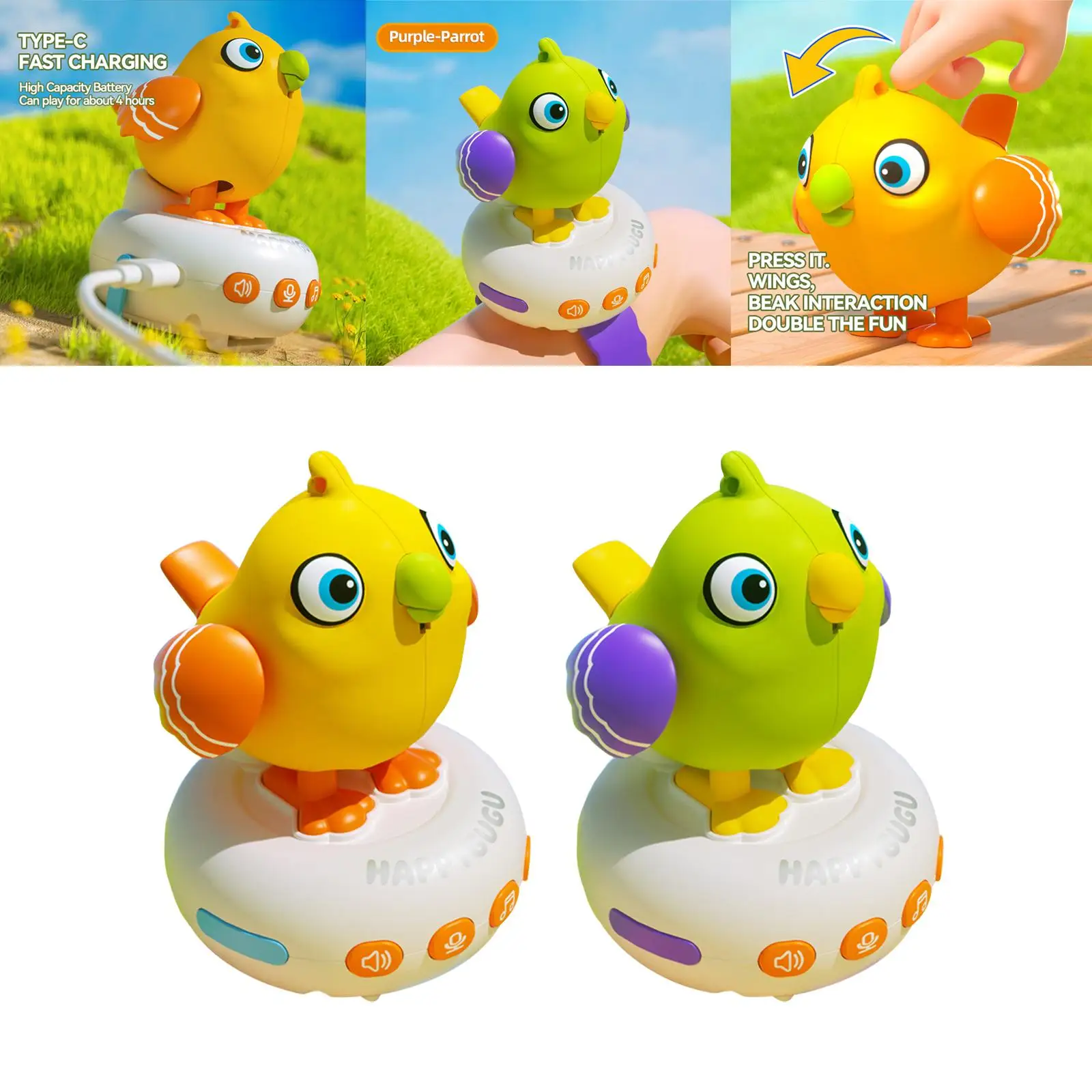 Crianças relógio de pássaro musical brinquedo de pássaro falando, versátil, com música, brinquedo de relógio de pássaro de animal de estimação elétrico de desenho animado para presente de crianças