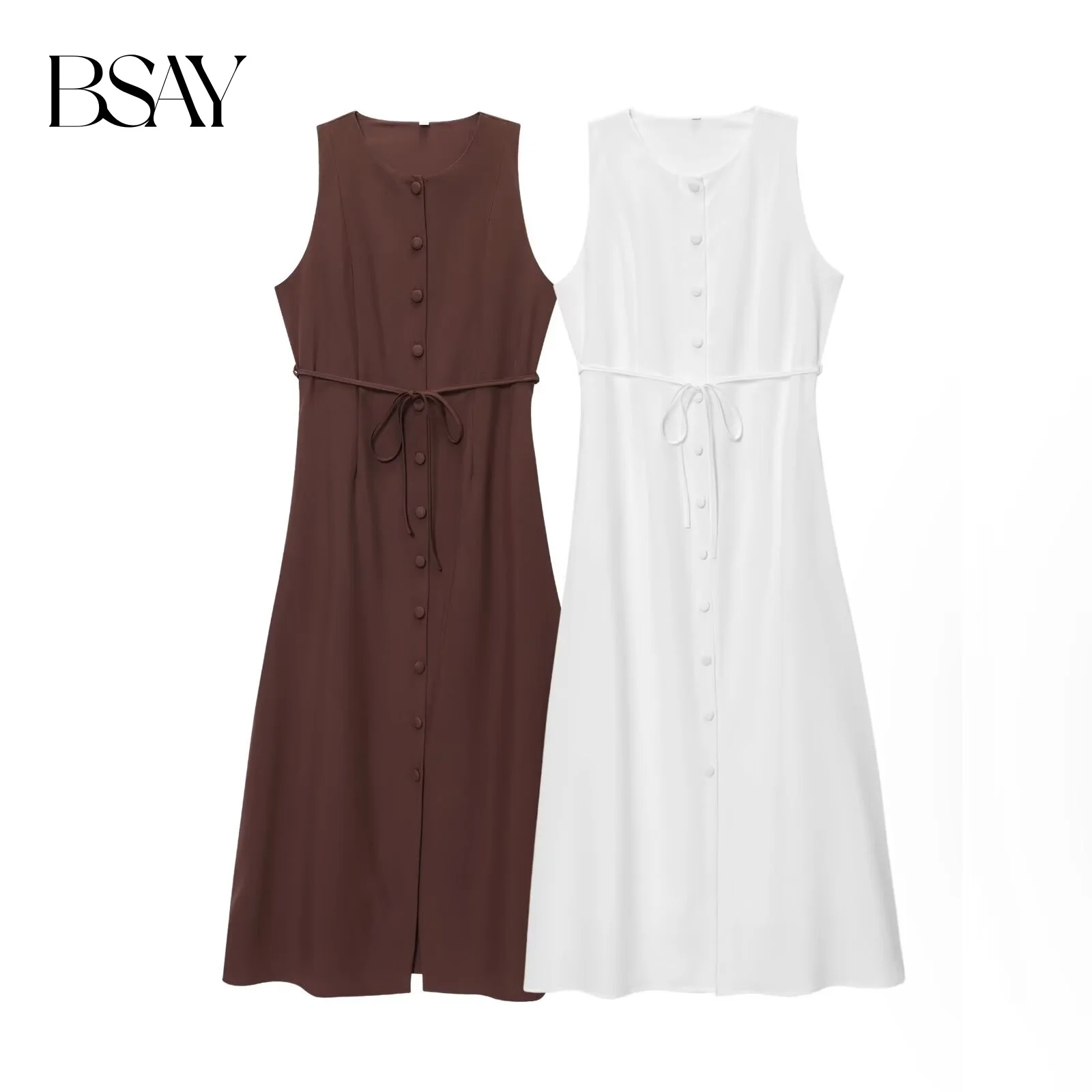 BSAY weißes Westenkleid Sommer neu Rundhalsausschnitt ärmellos Schnürung Taille A-Linie Knopfdekoration Französischer eleganter langer Partyabend