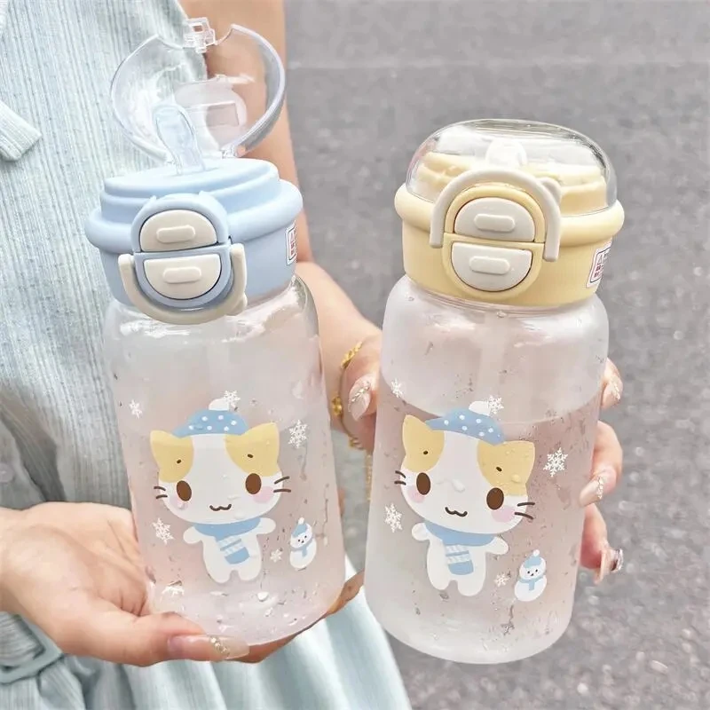 500ML Cute Cat Water Bottle With Lid Simple Straw Portable Plastic Cup For Kids Outdoor School Travel Drinking Water Bottles