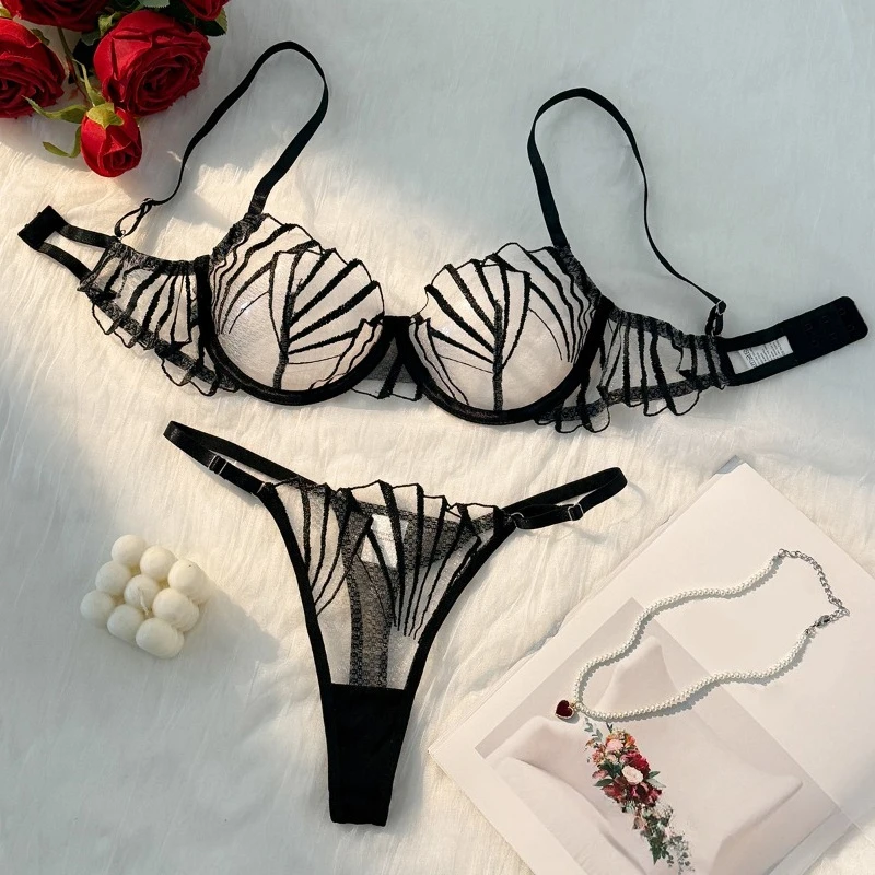 

Sexy Lingerie Woman Sheer Lace Transparent Underwear Fairy Embroidery Mesh Bra Brief Sets Push Up Breves Sets Thin Erotic Sets