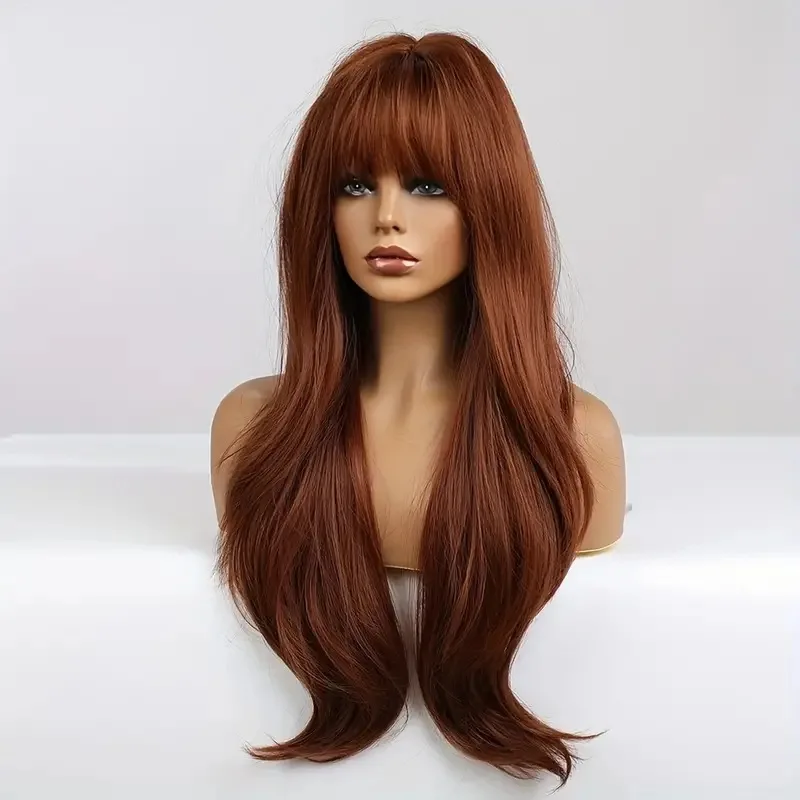 Red Brown Long Women's Exquisite Hair Cover, Straight And Smooth Texture Wig, Full Head Cover, Basic