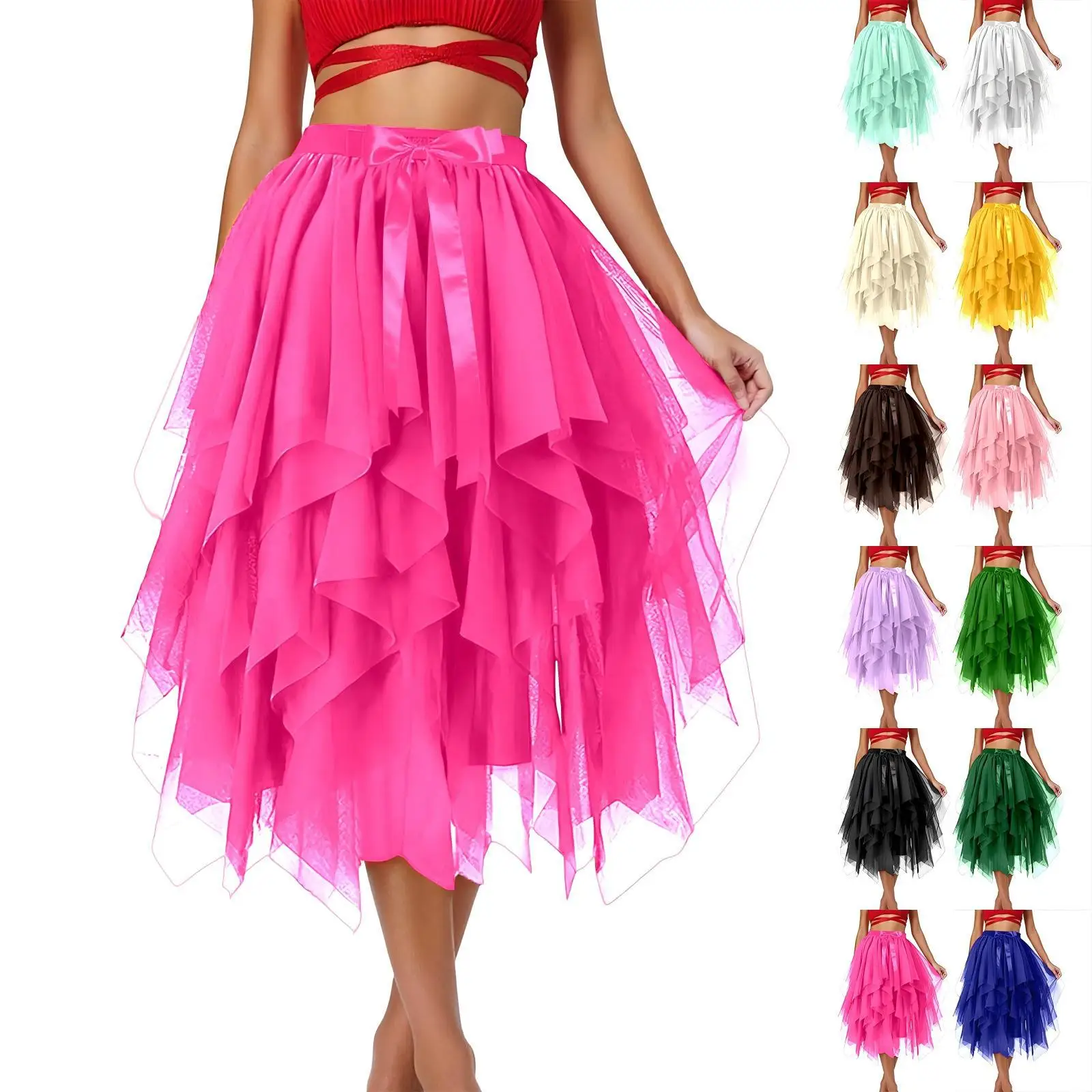 

New Women Dance Tulle Skirt Ladies Fashion Three-Layer Puffy Skirt Girls Solid Color Irregular Half-skirt For Stage Performance