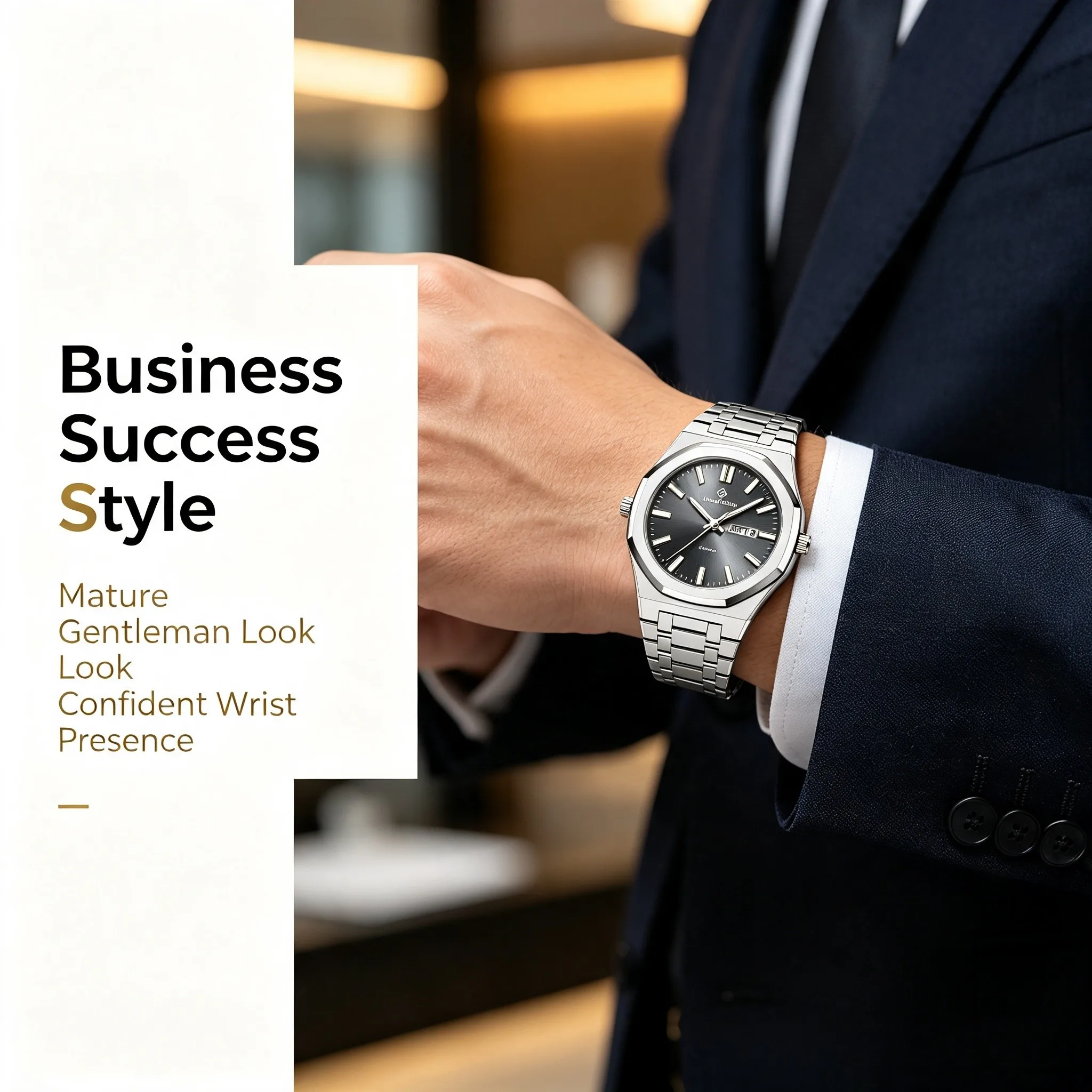 Business Men Octagon Wristwatch 30M Waterproof Luminous Stainless Steel Dual Calendar Quartz Watch with Butterfly Buckle