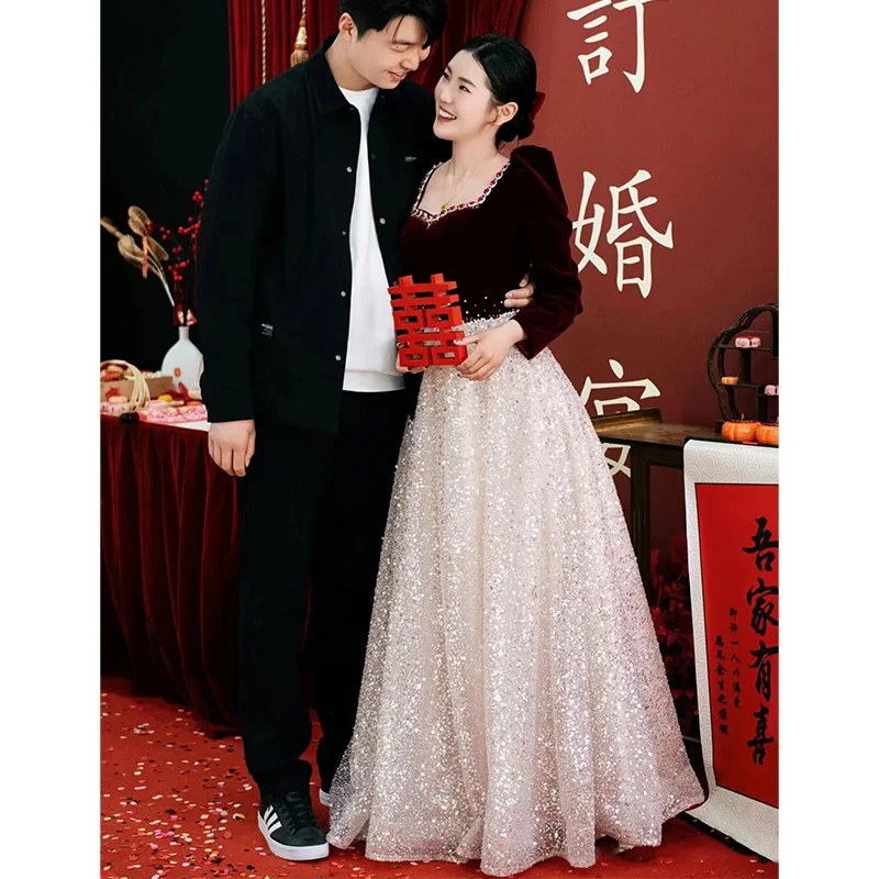 

Ele Long Sve Velvet Wedding Dr for Engagement Par Bridal Gown Slimming Red Wine Color High End Winter Wedding Dr