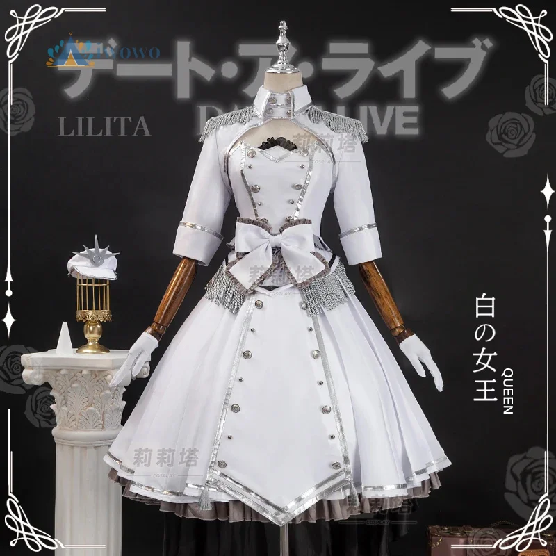 

Anime DATE A LIVE Cosplay Tokisaki Kurumi Costume White Queen Lolita Dress Accessories Halloween Party Girl New Uniform