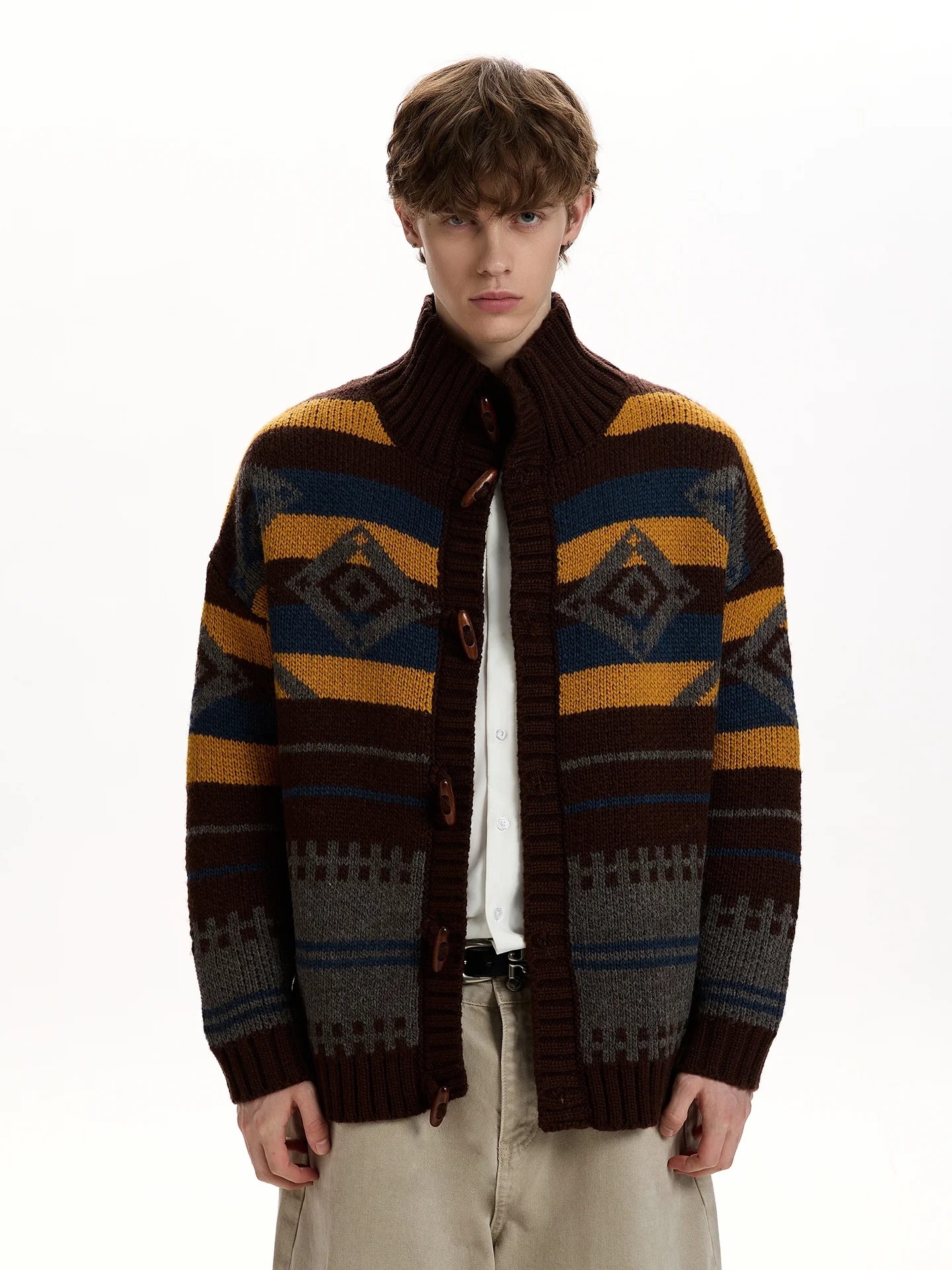 

American Retro Fair Isle Knitted Cardigan High Collar Color Blo Stripes Soft Sweater Coat Winter Warm Ci Walk Office Casual