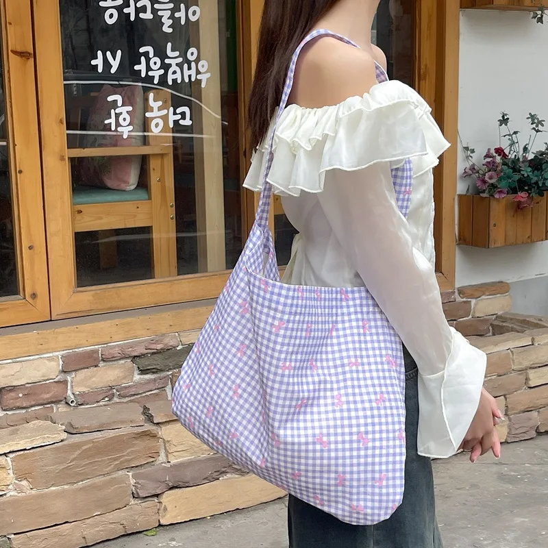 Candy Color Large Bow Shoulder Shopper Bag for Women Canvas Fashion Tote Shopping Bags Woman Handbags Reusable Travel Bags