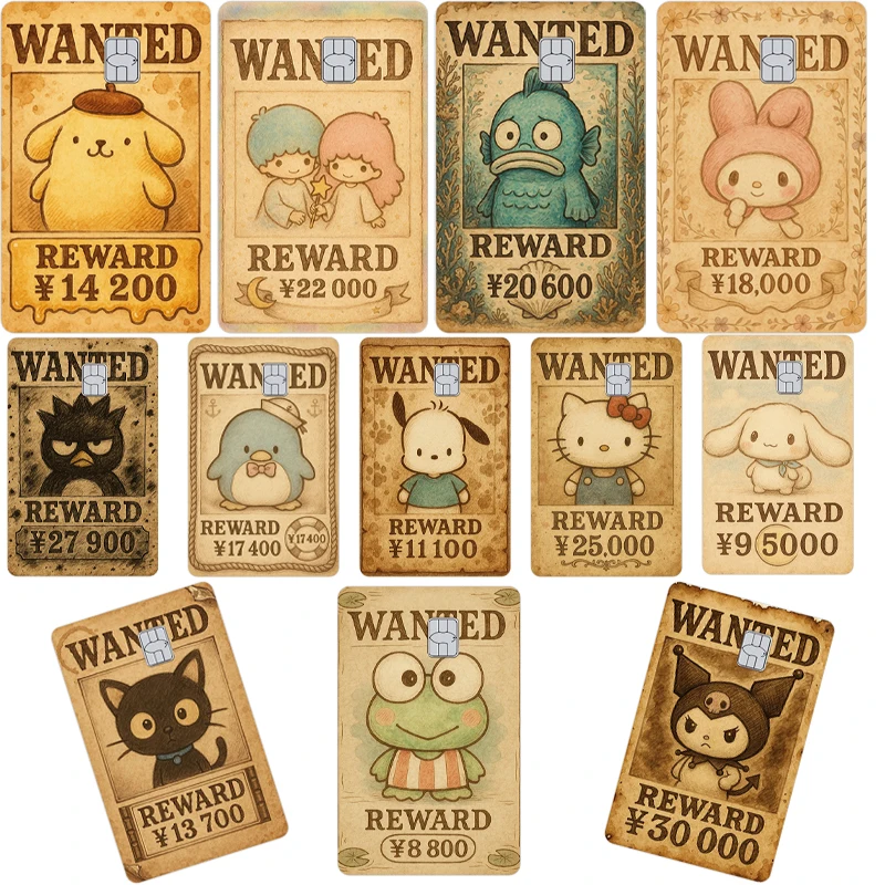 

Creative Anime Credit Debit Card Stickers Kuromi Hangyodon Pochacco Wanted Poster Printed Skin Matte Film for Small Big No Chip