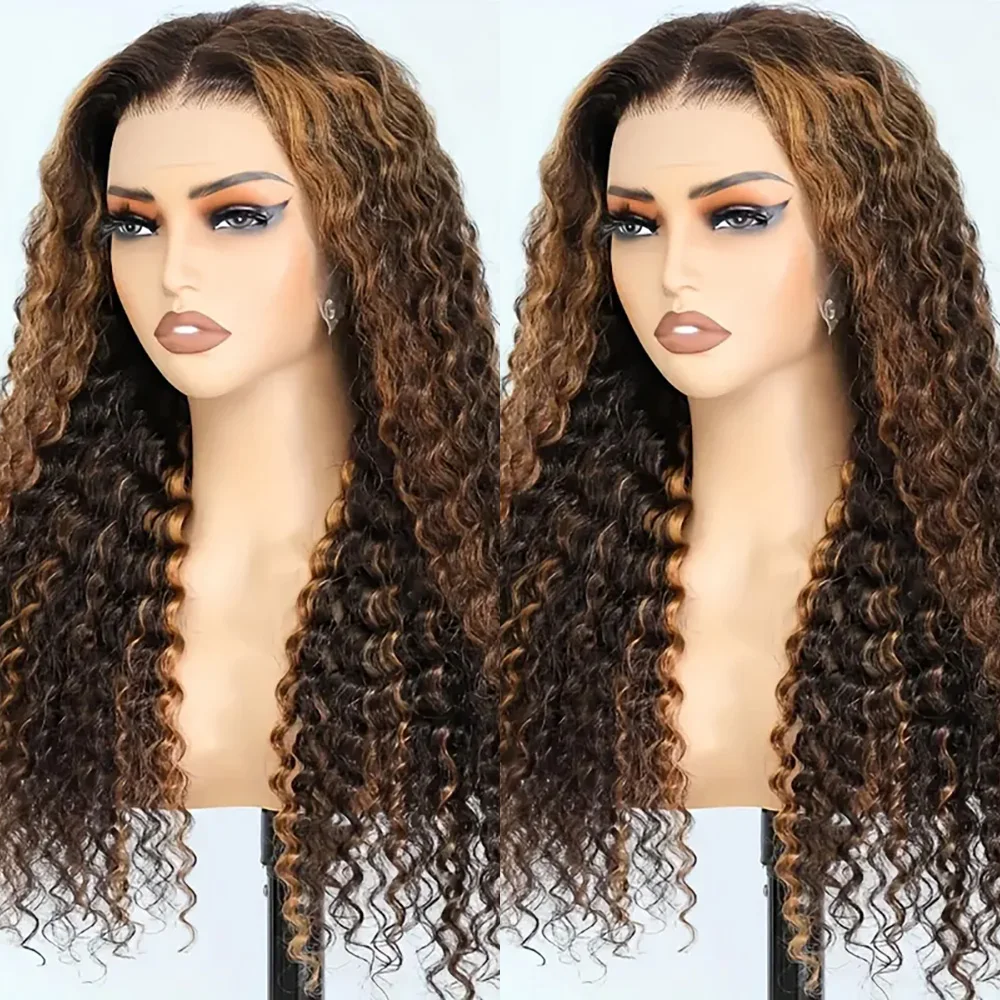 Destaque peruca dianteira do laço encaracolado, cabelo humano, pronto para vestir, perucas sem cola, 200% densidade, 5x5, 1B/30