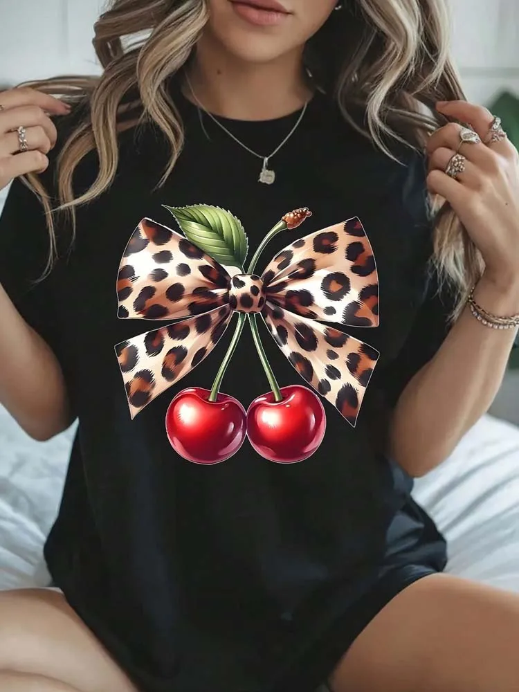 Fashion Leopard Cherry Print Women Tshirt Funny Cartoon T Shirt 90s Ullzang Female T-shirt Korean Style Tops Tees