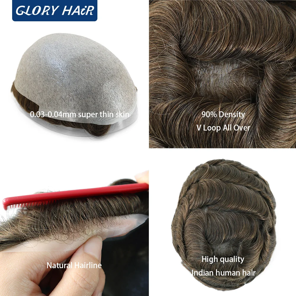 

CNG-0.03-0.04mm Super Thin Skin Toupee For Man 90% Density Hair Prosthesis Man High Quality Indian Human hair Male Toupee Wig