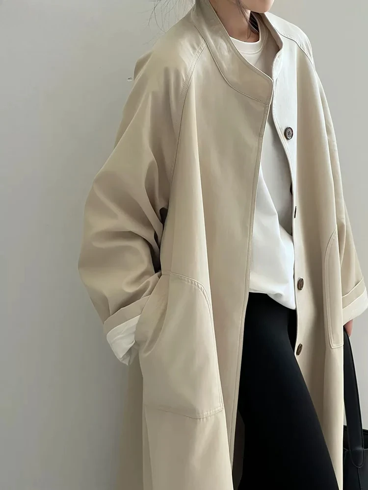 

Women's Baggy Stand Collar Trench Coat Elegant Casual Loose Casaco Outerwear Korean Fashion Single Breasted Parkas Abrigos