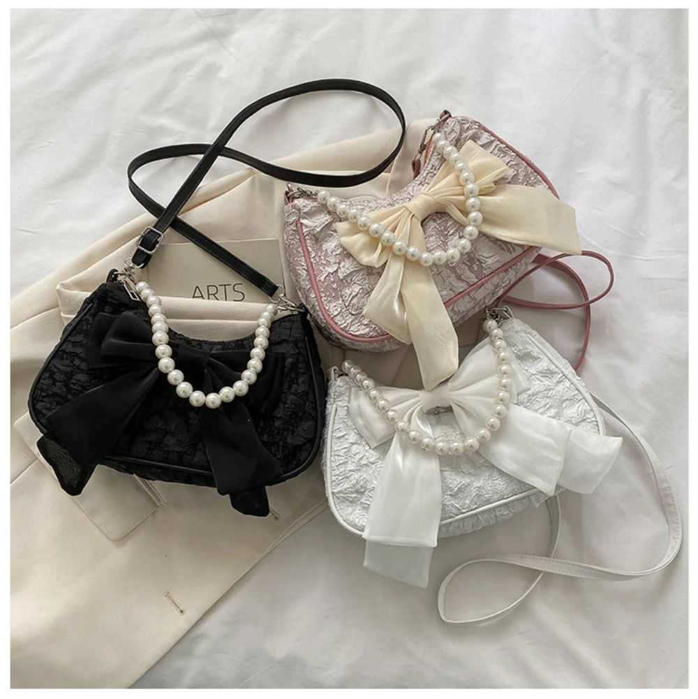 Summer Popular Stylish Design Pearl Chain Bow Decoration Armpit Bag Women's Simple Versatile Sweet Cute Ruffles Shoulder Bag