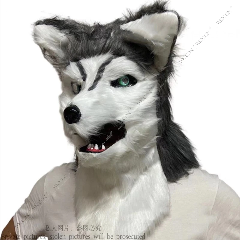 Maschera in peluche di volpe gotica – Design a bocca aperta con zanne realistiche per Halloween/performance sul palco Nero/Grigio Unisex per adulti