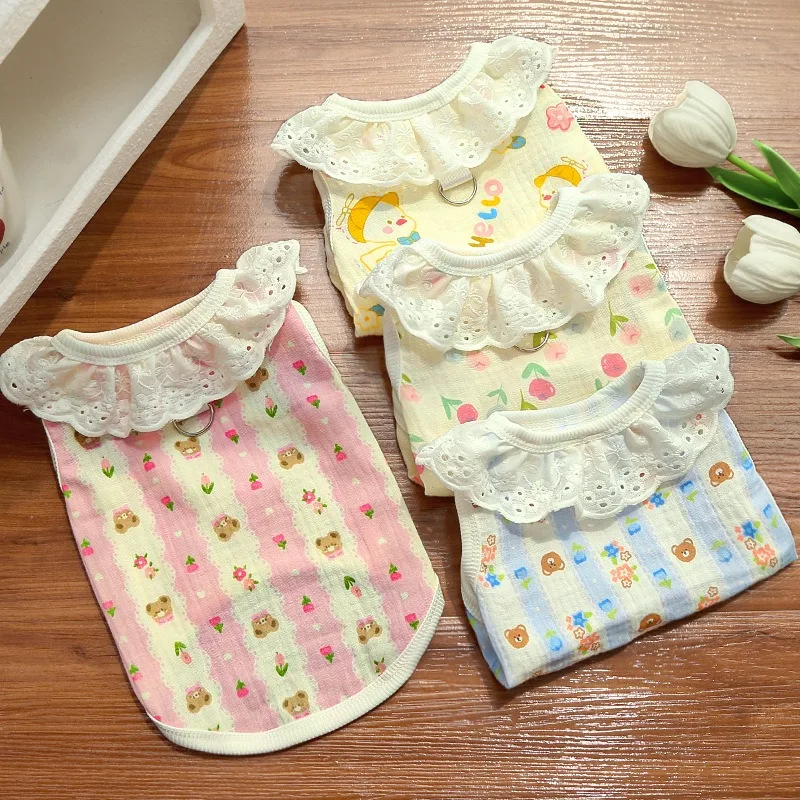 

Flower Full Print Teddy Vest Breathable Thin Dog Clothes Pet Summer Can Leash Pullover Cartoon Bichon Frise Two Legs Clothes
