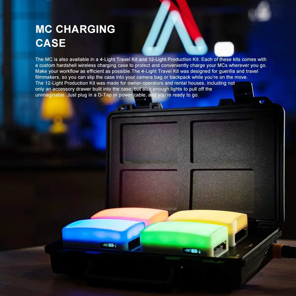 Aputure MC ชุดเดินทาง4ไฟ RGB บนกล้องแฟลชวิดีโอ LED TLCI/CRI 96 + rgbww 3200K-6500K HSI ควบคุมสีพร้อมเคสชาร์จ