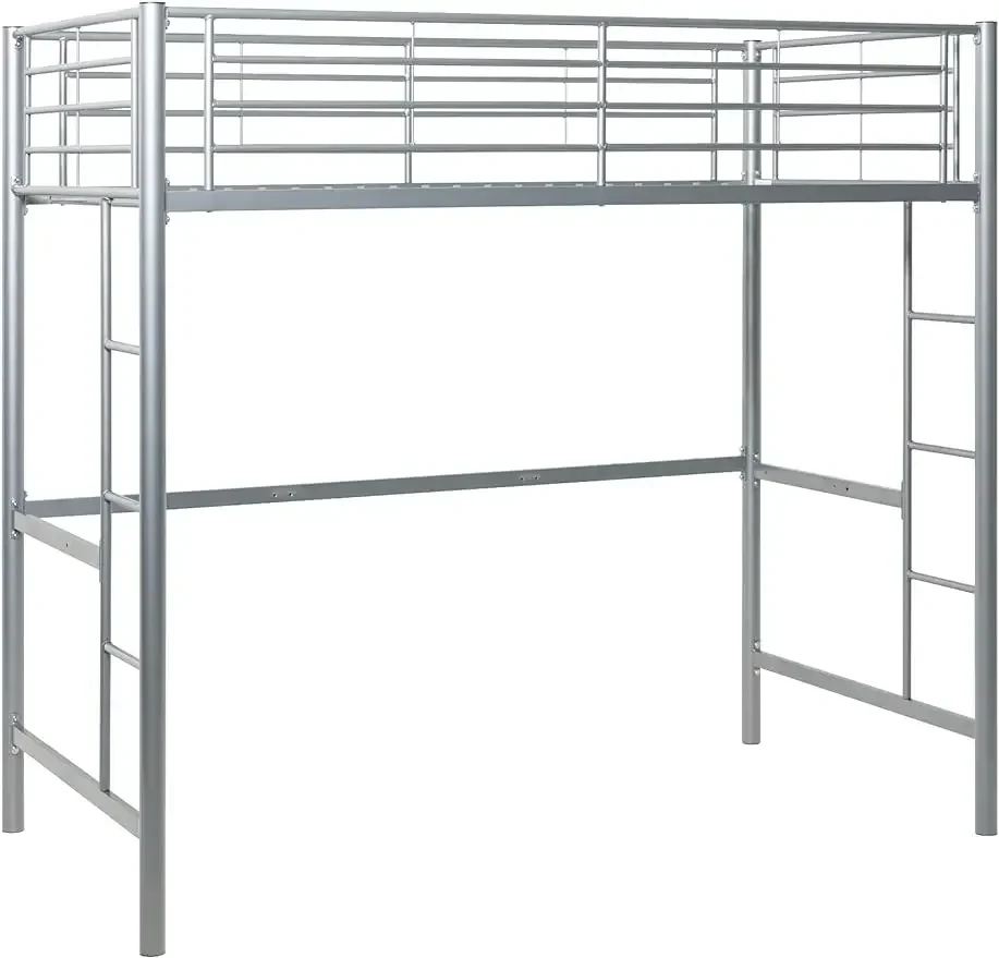 Walker Edison Silver Metal Twin over Loft Bunk Bed Twin Size Bedframe with Ladder Computer Gaming Desk