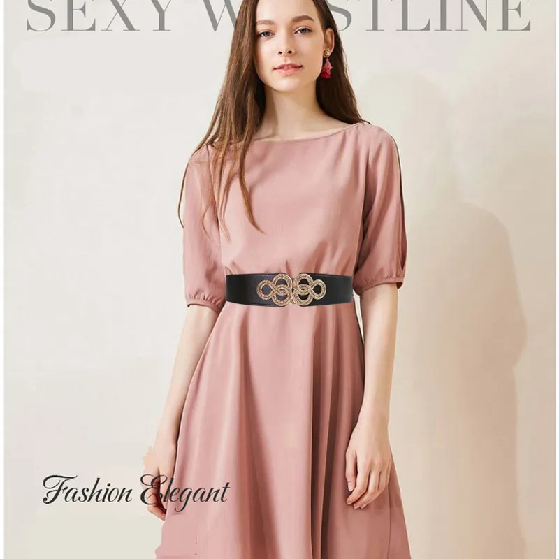 دوامة الذهب اللون مشبك أحزمة الخصر لسيدة الصينية عقدة تصميم Cummerbunds الأسود مطاطا بو الجلود الخصر ختم الهدايا #6