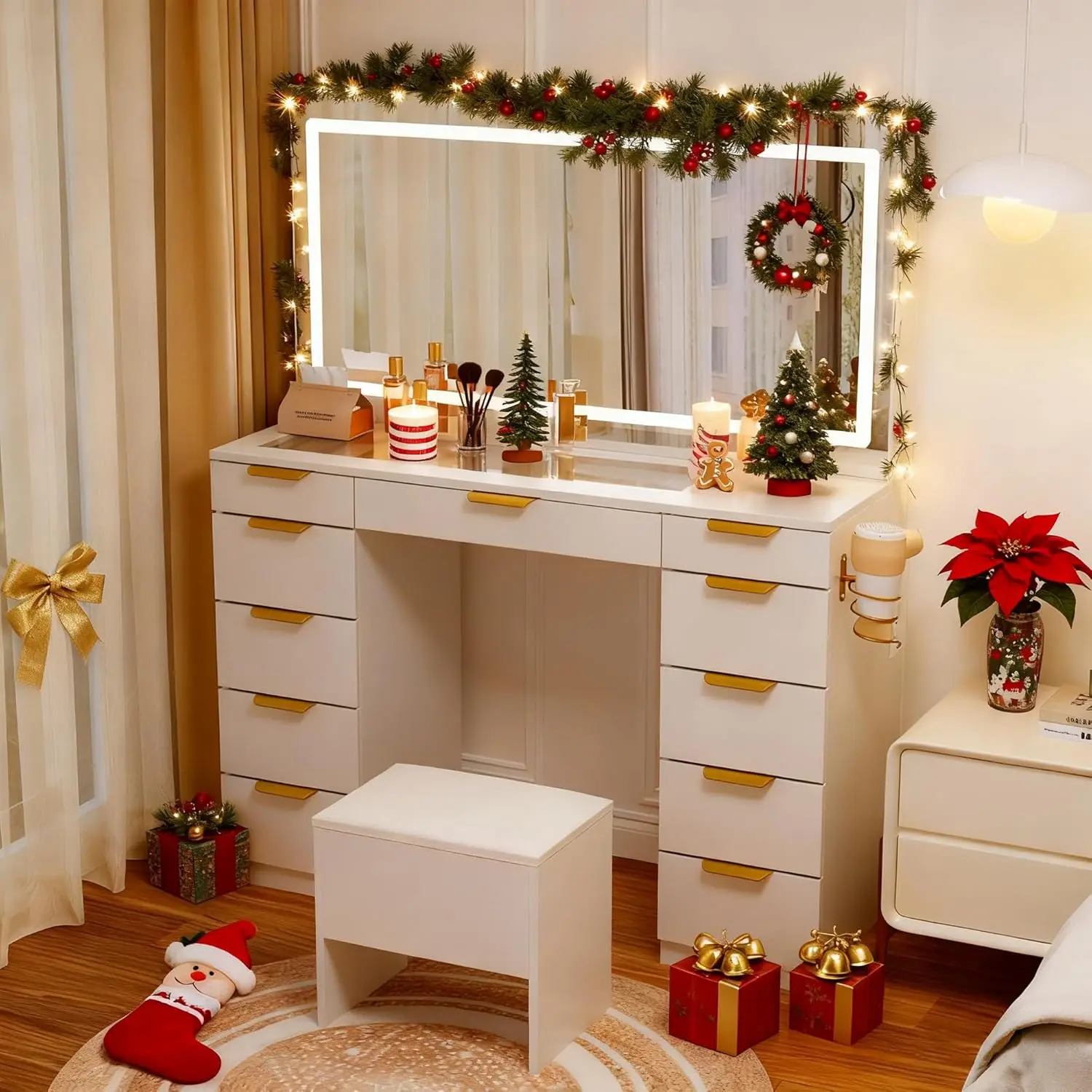 White Glass Makeup Vanity for Bedroom with 11 Drawers, Charging Station, Chair, Golden Handles & 3 Lighting Modes view 5