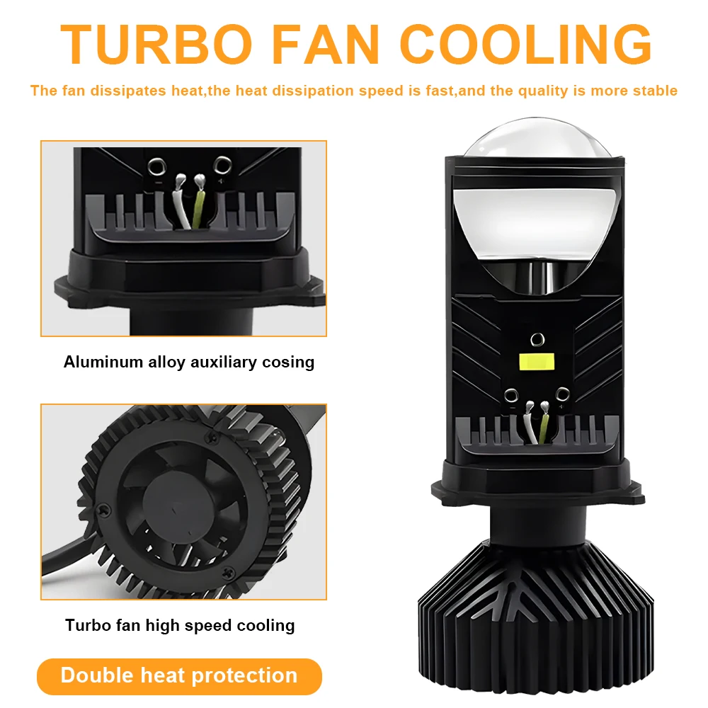 Y6 H4 LED Projector Headlight Projector Lens with Fan Cooling 90W Automobile Hi Lo Beam Bulb 12V