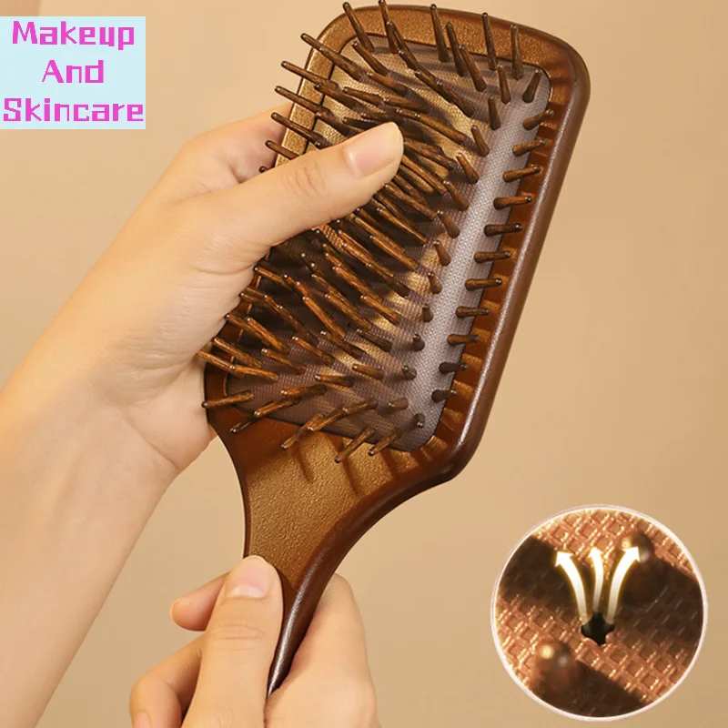「1PC Sandalwood Hand Carved Air Cushion Comb With Wood Teeth, Scalp Massage Brush For All Hair Types, Wooden Hair Styling」