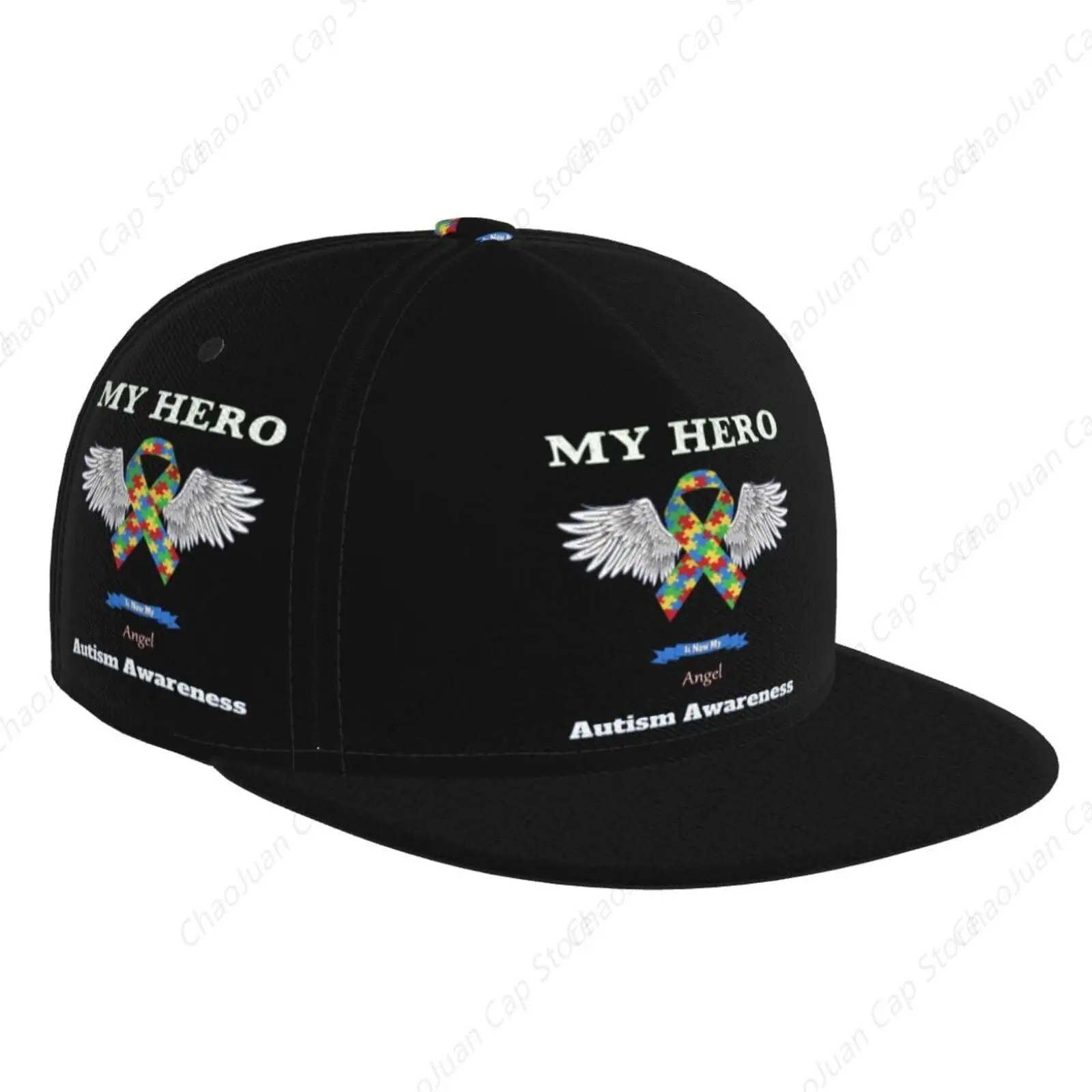 My Hero is Now My Angel Autism Awareness Four-Sided Printing Flat Bill Brim Baseball Caps Cool Hip Hop Trucker Hats Men Women