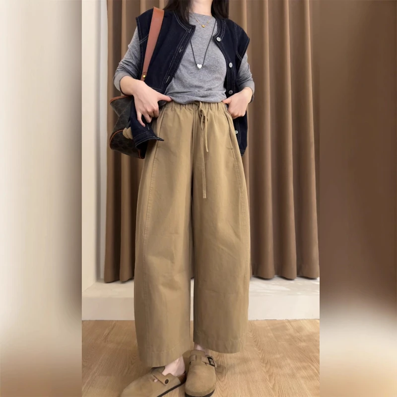 

Autumn Pure Cotton Wide-leg Pants with Lace Pleats Women's Cropped Pants