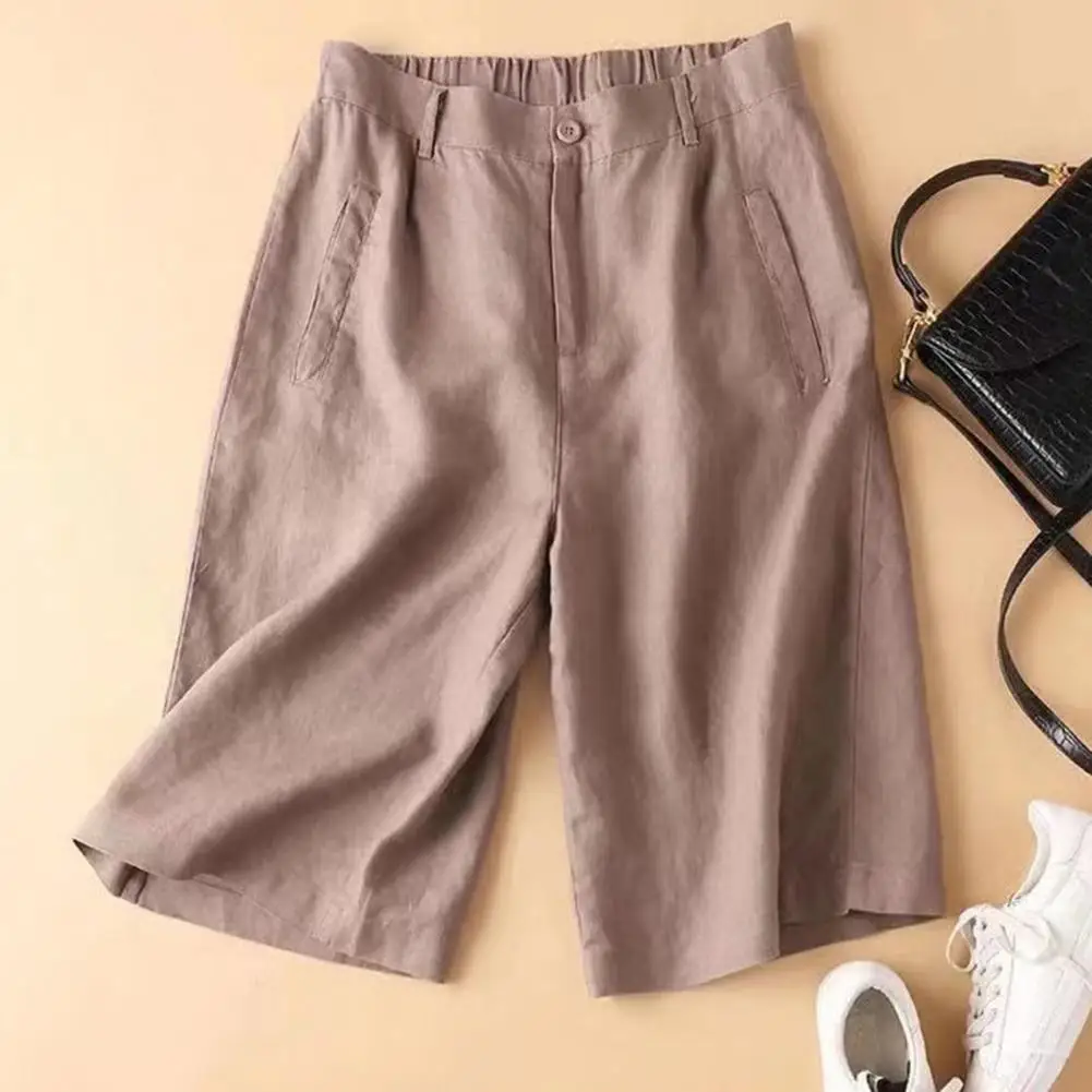 Cotton Linen Women Suit Shorts Elastic Waistband Women Shorts High Waist Straight Wide Leg A Line Work Shorts Casual Short Pants