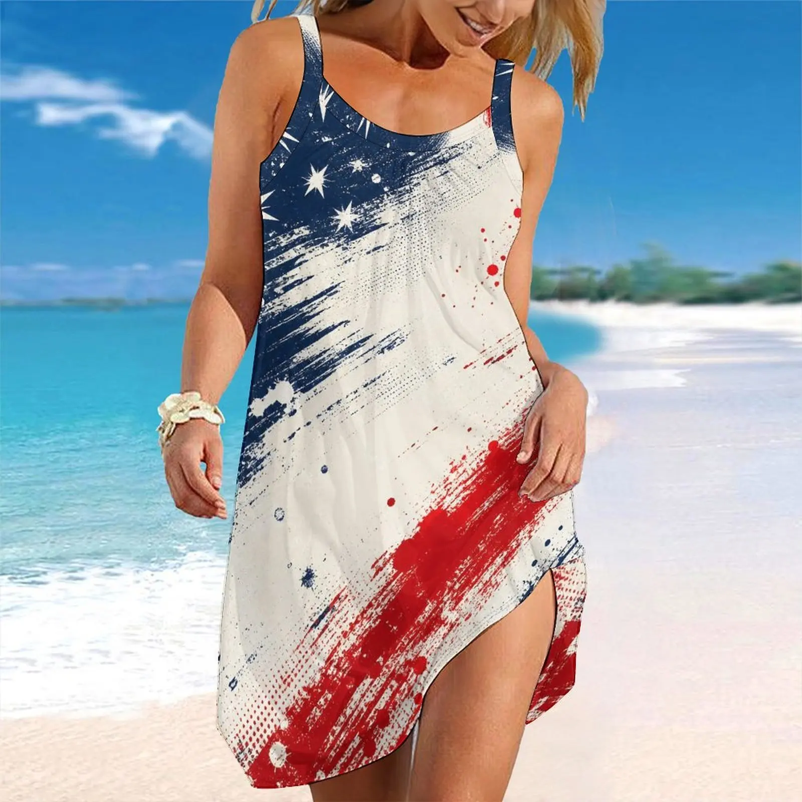 Women Spaghetti Strap Beach Dress V Neck Pleated Loose Mini Dress Custom Print Ladies Vacation Cover Up Dress
