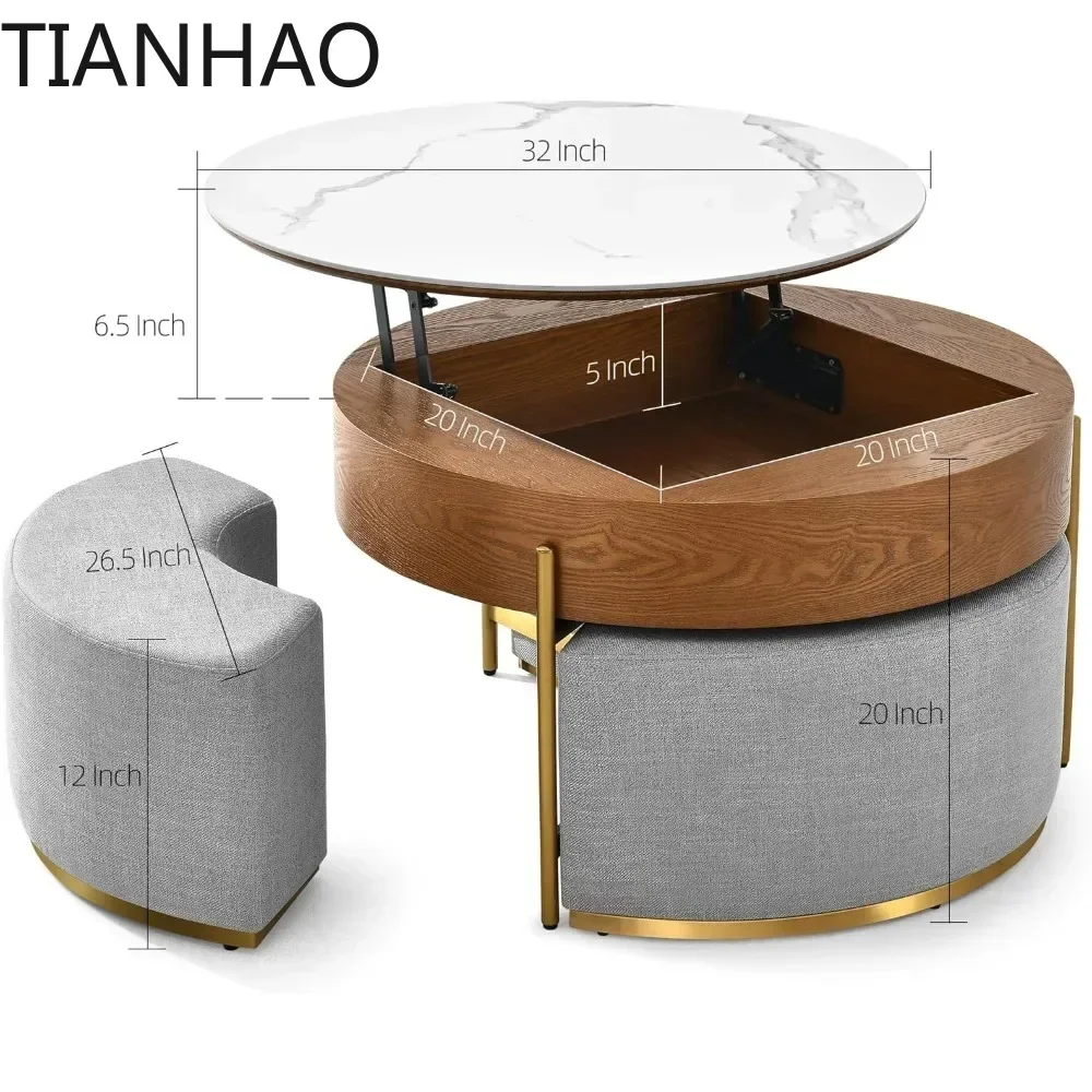 Minimalist Fashion Lift Top Coffee Table Set with Storage 3 Stools