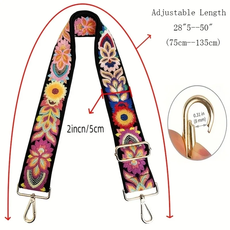 5Cm Ethnic Style Floral Embroidery Pattern Bag Strap Accessory Replaceable  Adjustable Can Be Worn on One Shoulder