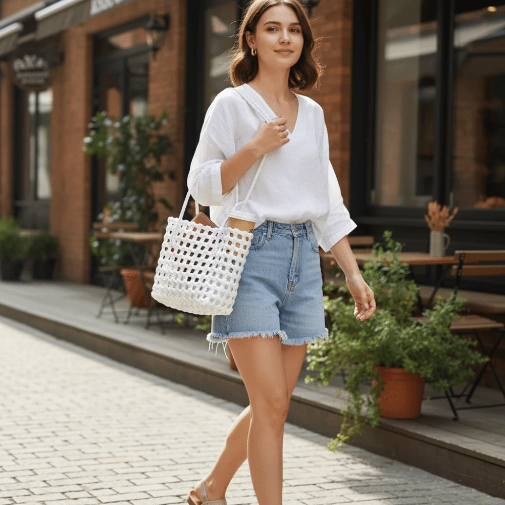 

Plastic Material Hollow Weave Bag Soft Handle Large Capacity Basket Bag Woven Design Candy Color Beach Tote Bag Casual Use