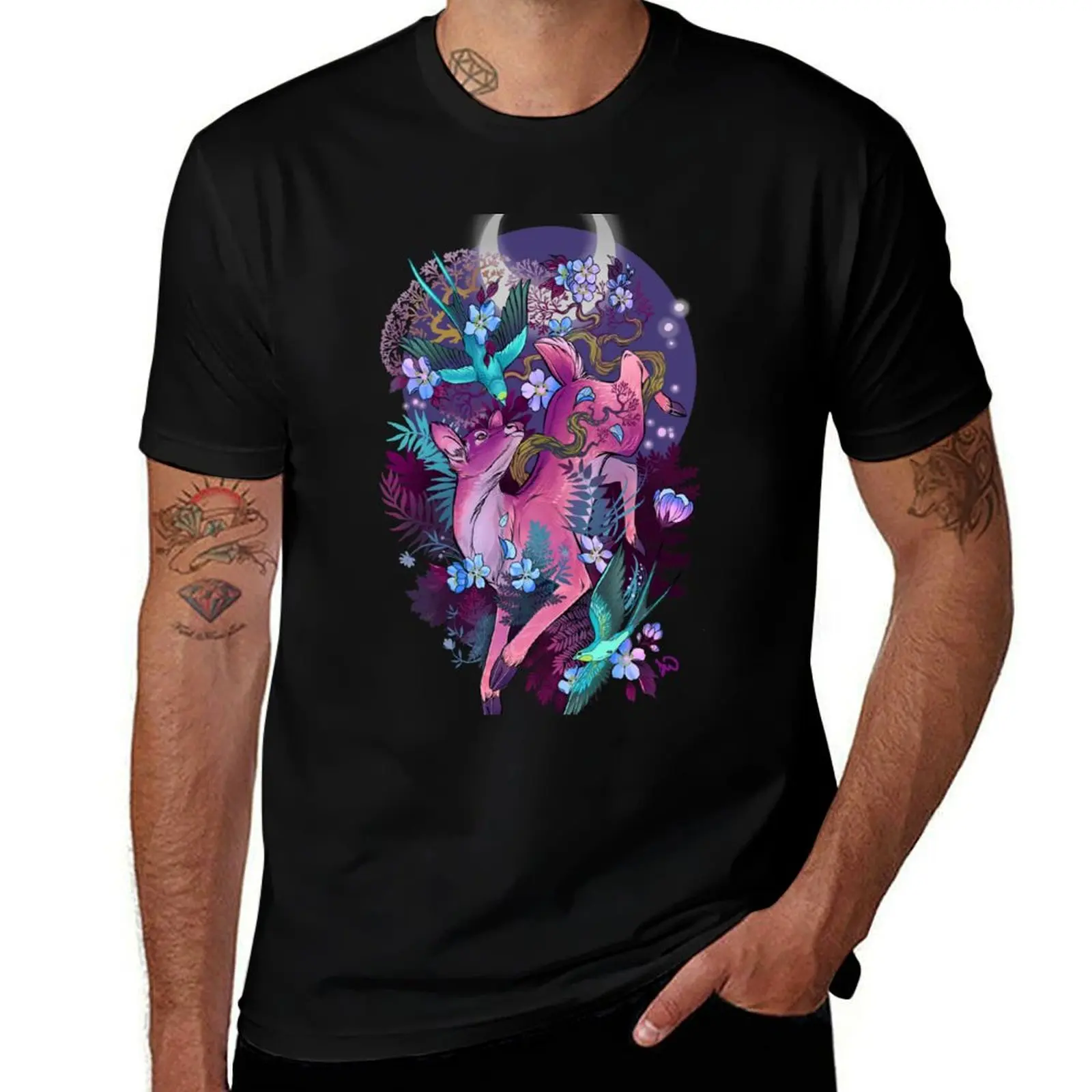 Mystic Midnight Pink White Tail Doe T-Shirt Vintage Print Crew Neck Tee T-Shirt