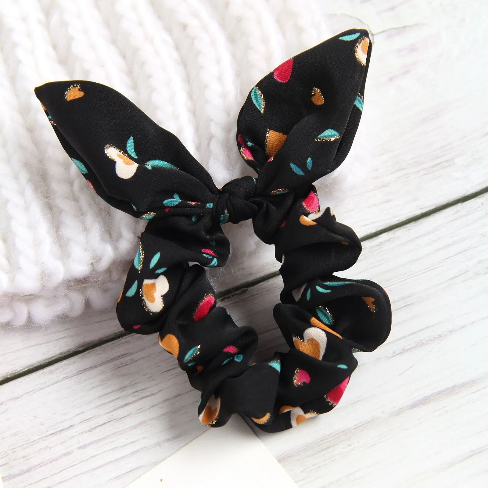 New Fashion Women Scrunchies Full Print Pattern Rabbit Ears Hair Ties Cute Head Band Ponytail Holder Girl Hair Accessories 