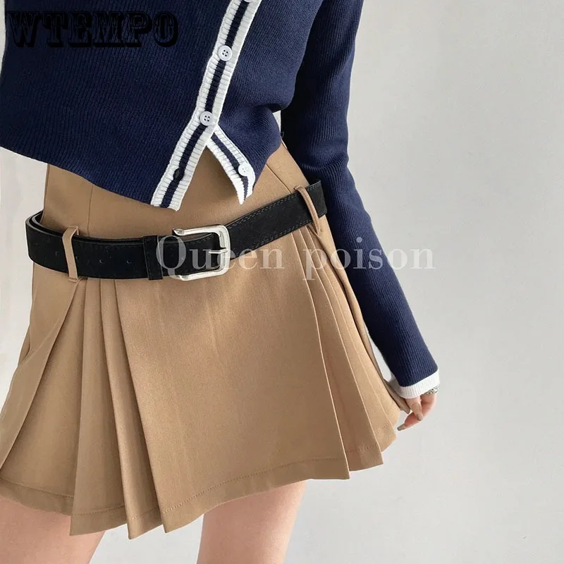 Academy Style Pleated Skirt Women\'s High Waist A-line Skirt Gift Belt Built in Shorts Pure Desire American Hottie Spring Summer