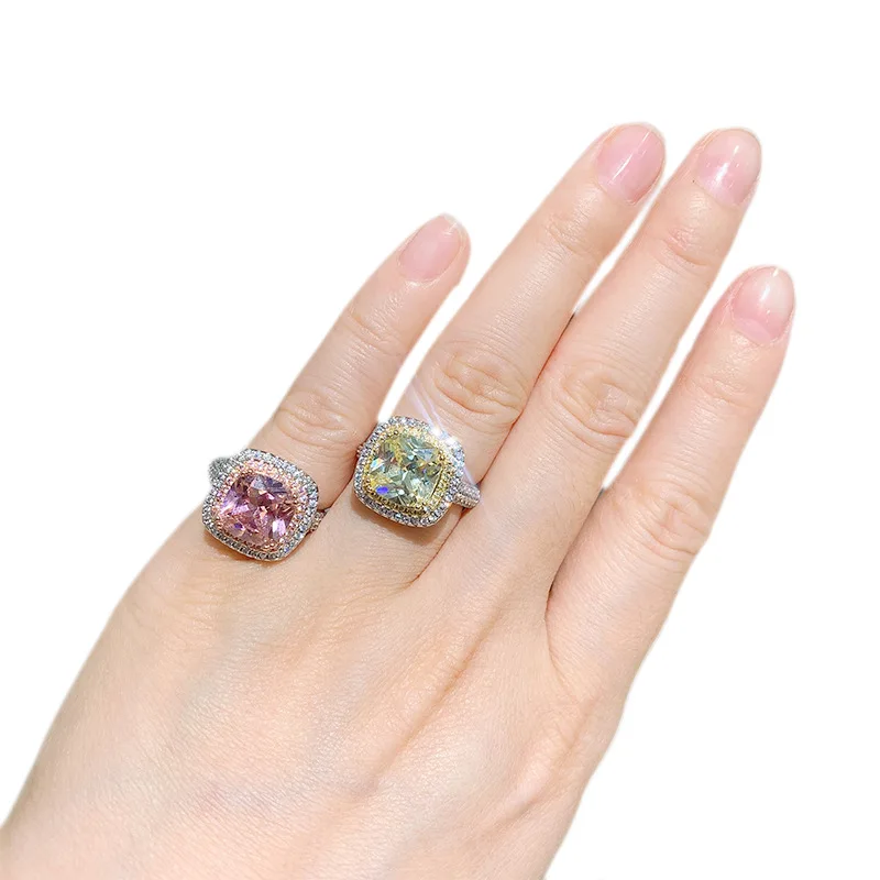 Accessories Pink Diamond Yellow Diamond Ring for Women Square Zircon Adjustable Vintage Jewelry Ring
