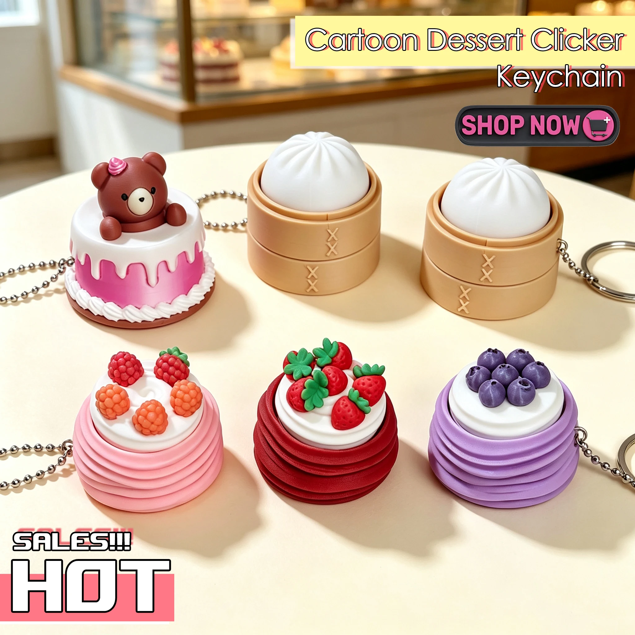 Cartoon Cake Clicker Fidget Keychain Simulated Cake Food Keyboard Fidget Toy Stress Relief Push Button Cute Funny Keyring