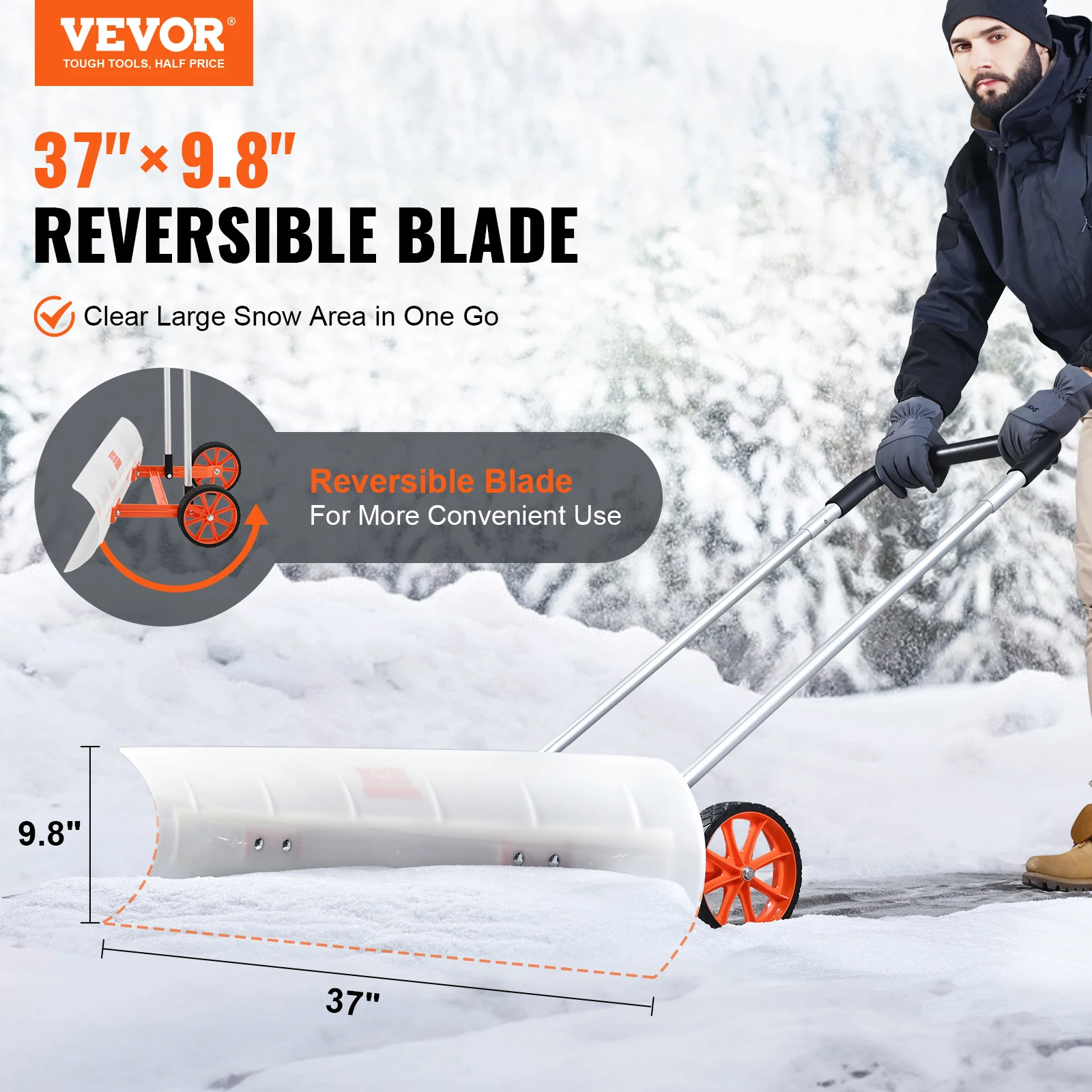 VEVOR  37 inch Snow Shovel for Driveway Heavy Duty Shovel Pusher with Wide Blade and U-shaped Aluminum Alloy Handle