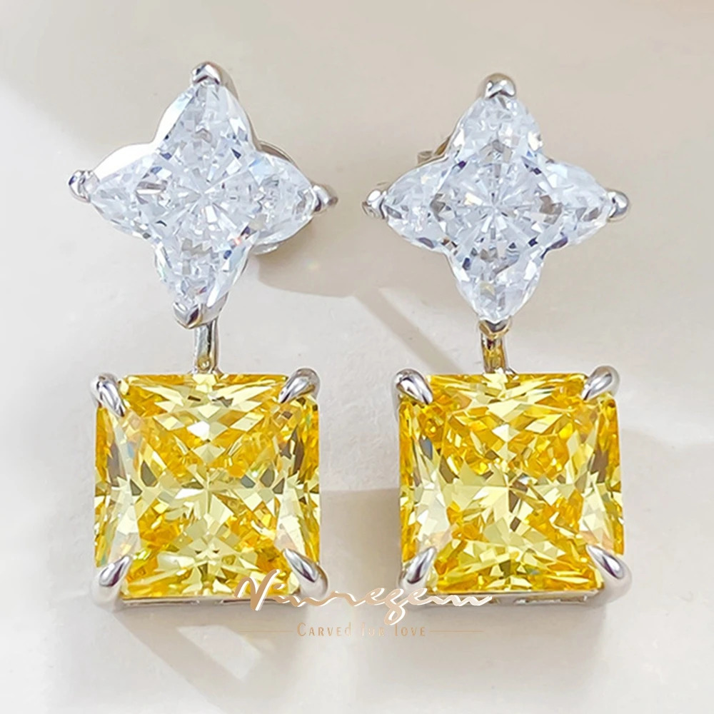 

Vinregem 10*10 MM Princess Cut Citrine High Carbon Diamond Gems Elegant Drop Earrings for Women 100% 925 Sterling Silver Jewelry