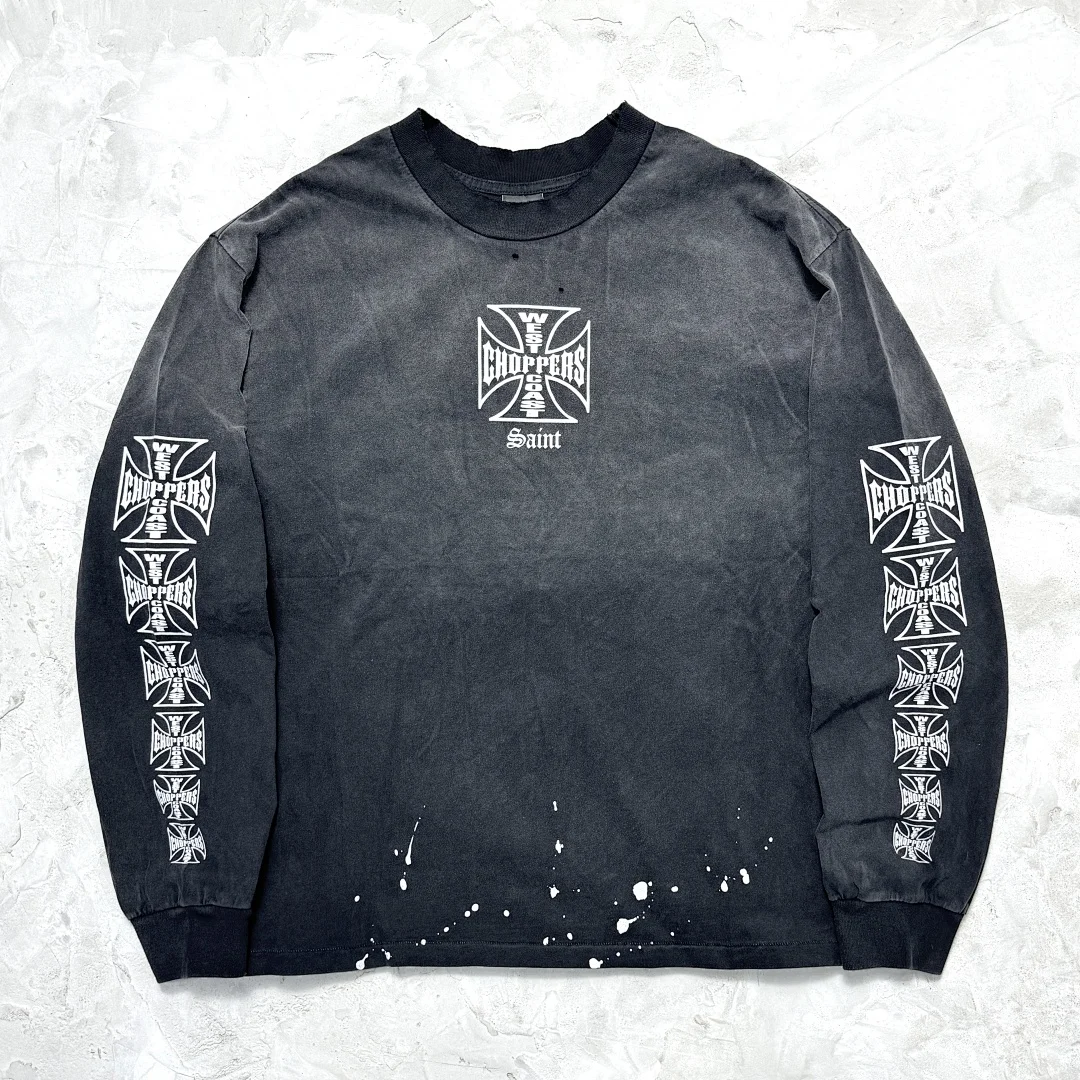 2026 Saint x West Coast Cross Logo Printed Women Men Washed Hand-painted ink splatter L/S T shirt Oversized Men Ripped T shirt