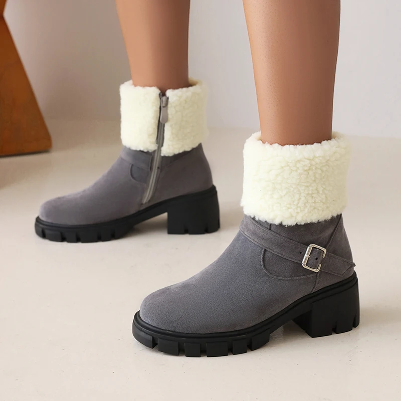 

Frosted Flock Lamb Fleece Winter Warm Snow Boots Metal Buckle Side Zipper Women's Short Boots with Fleece Lining 2022