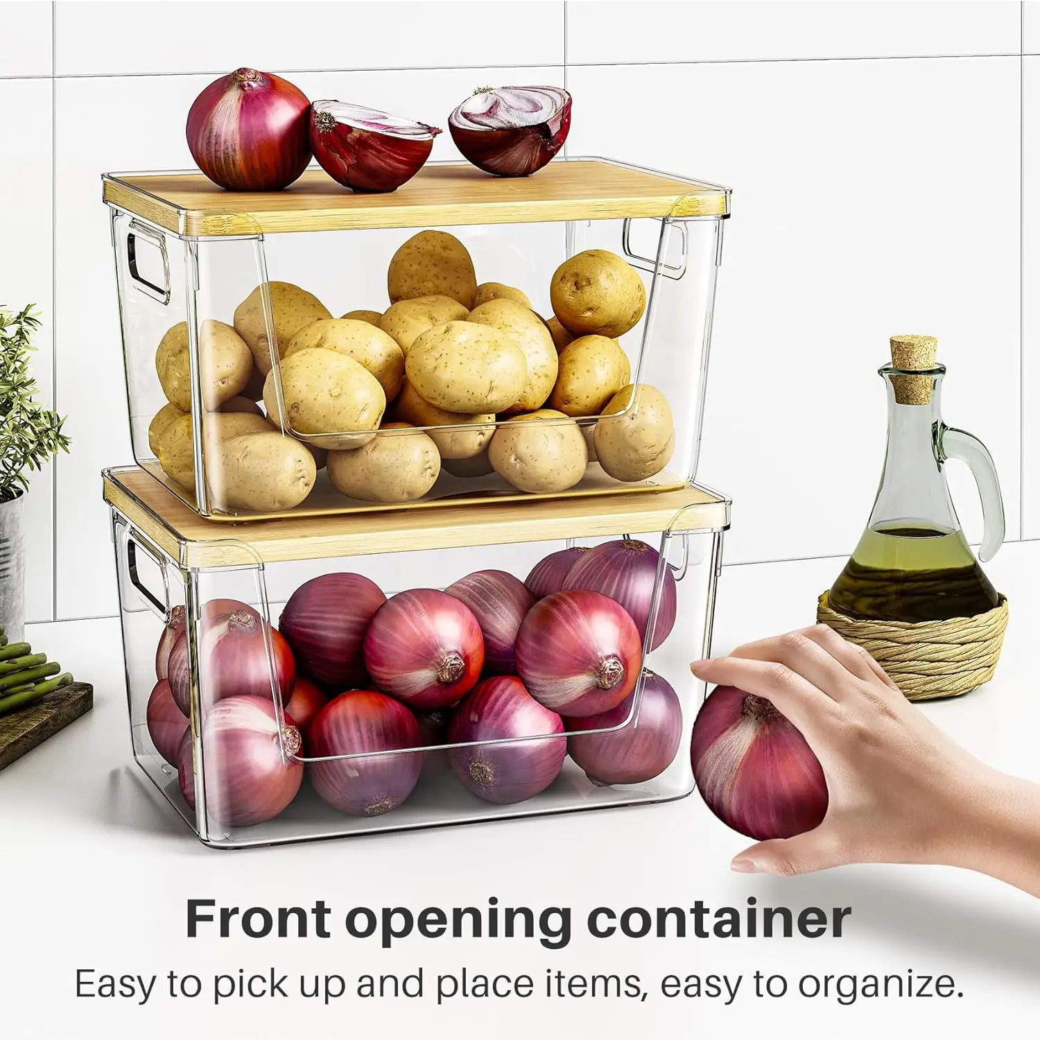 2 Set Pantry Organizer and Stackable Storage Kitchen,Sturdy and Durable Storage Basket for Potato, Clear Plastic Storage JJ386